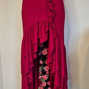 Long Red Ruffled Women's Skirt
